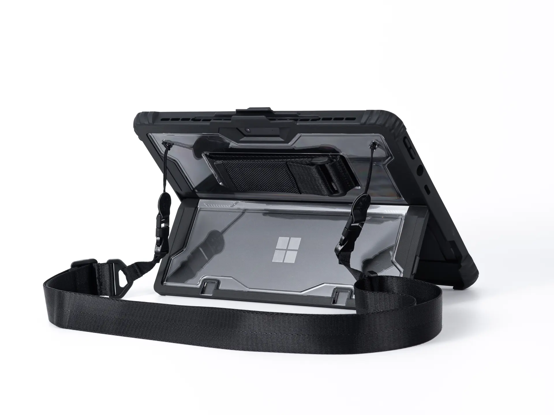 Rugged Surface Pro case with kickstand opening and shoulder strap.