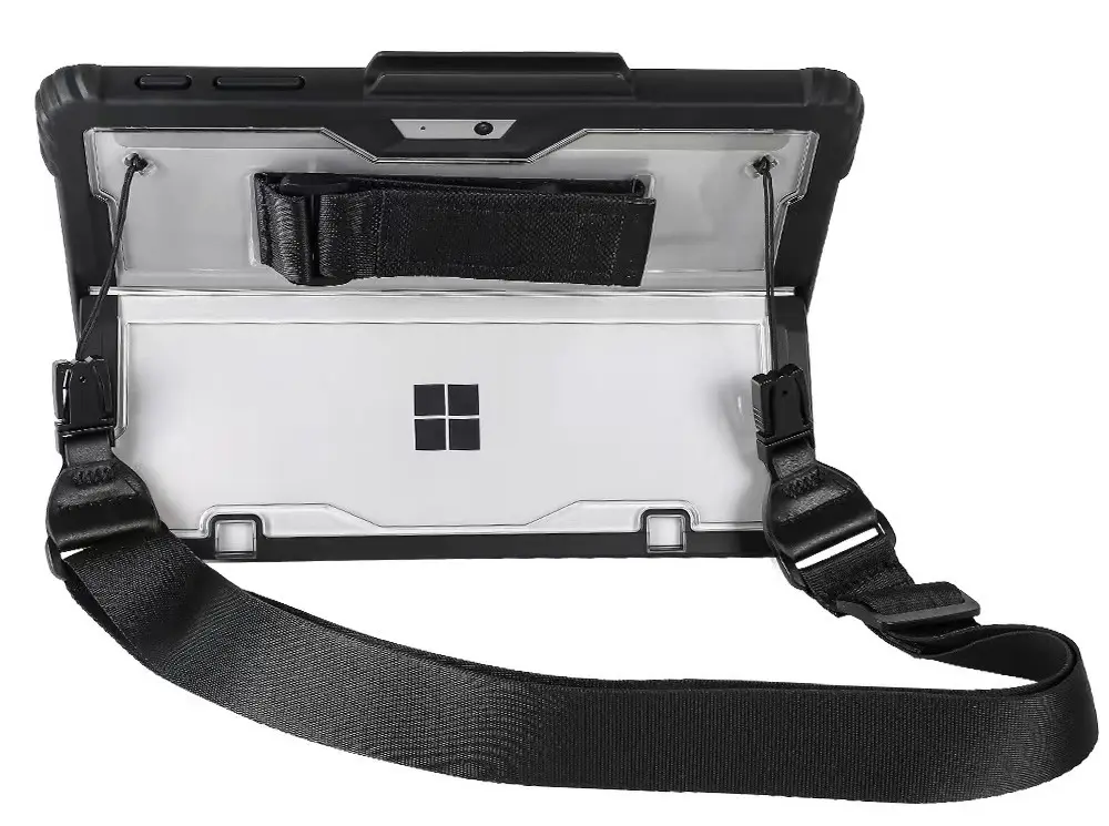 Slim Surface Pro case with detachable shoulder strap and kickstand.