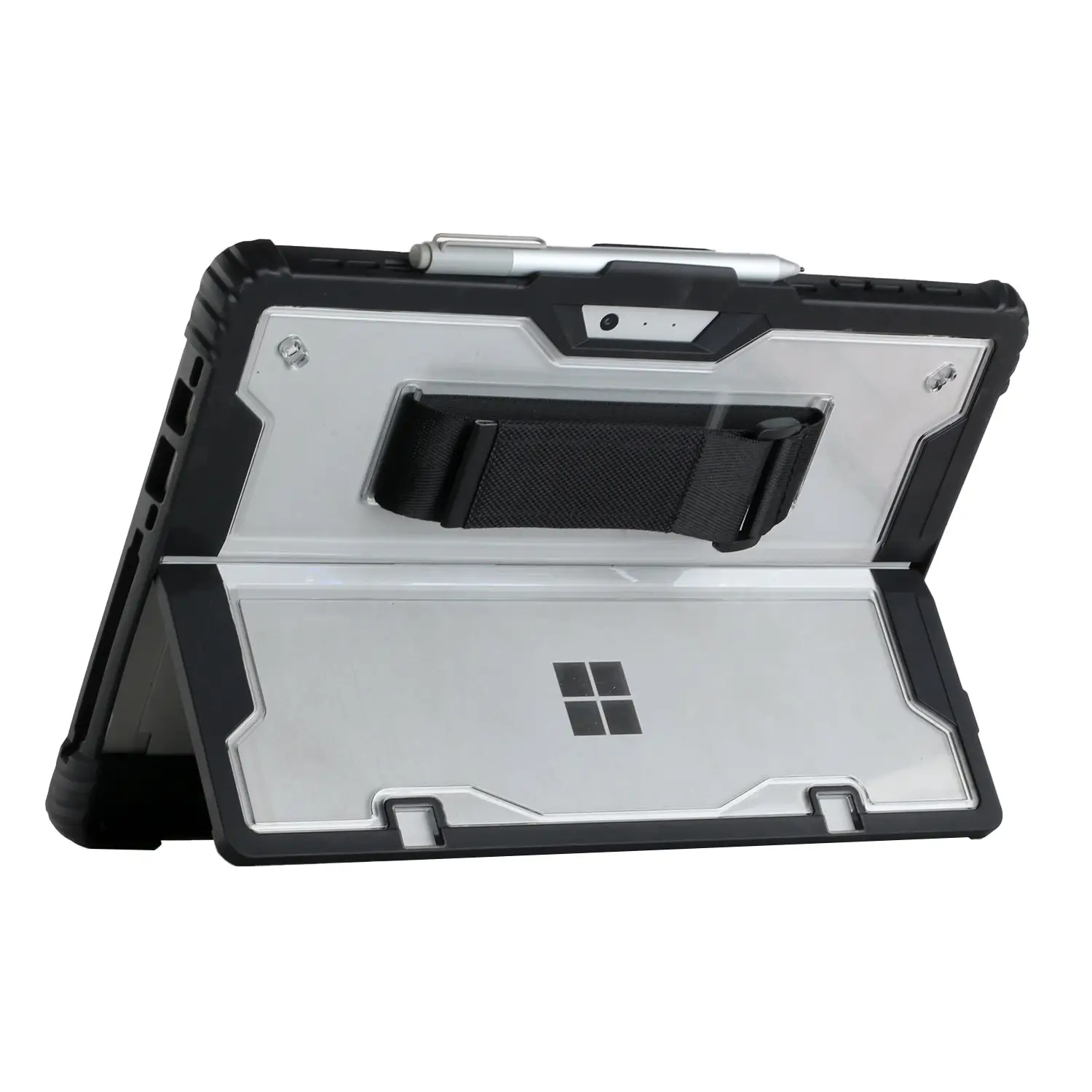 Rugged Surface Pro case with pen holder, hand strap and kickstand.