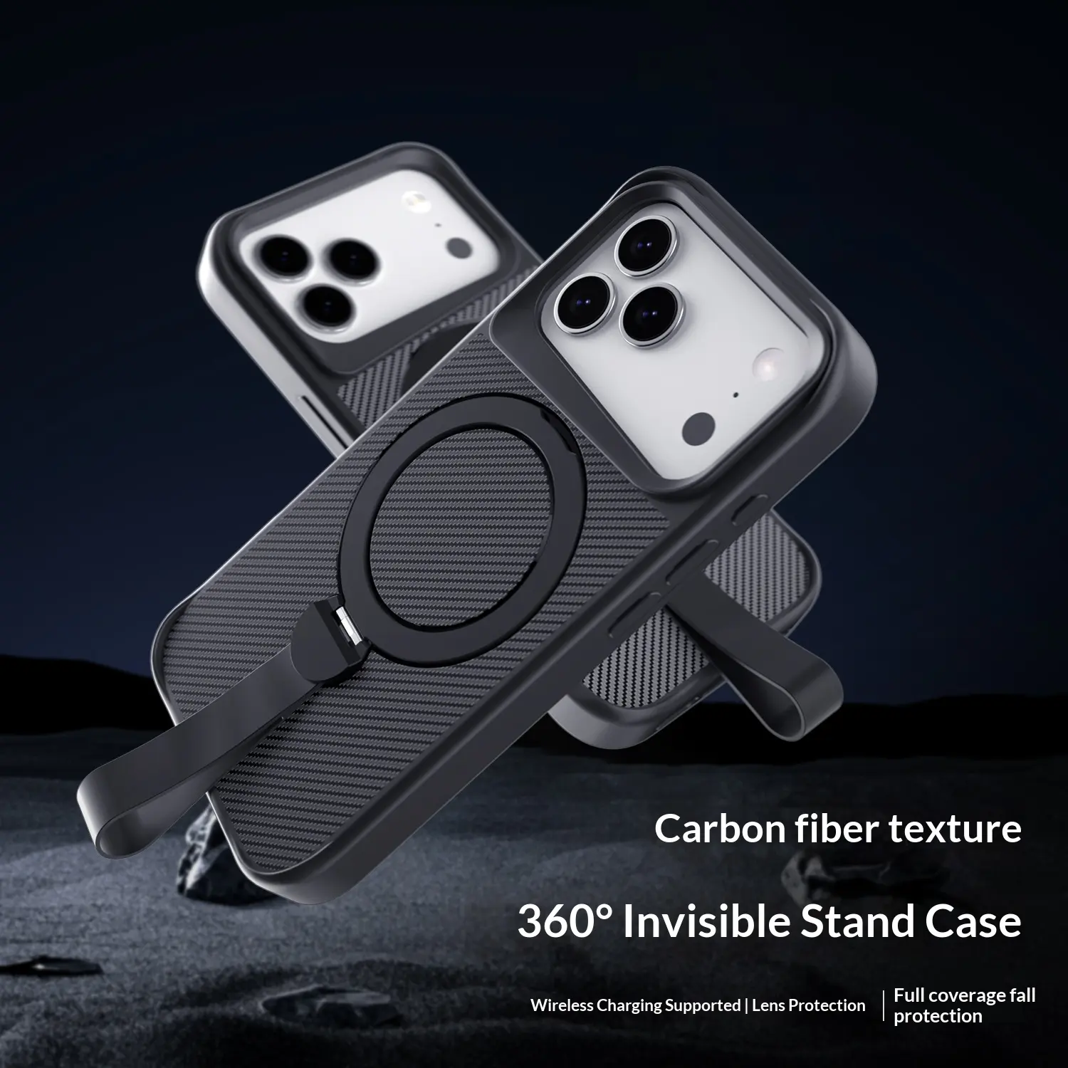 Carbon fiber texture 360 invisible stand case.