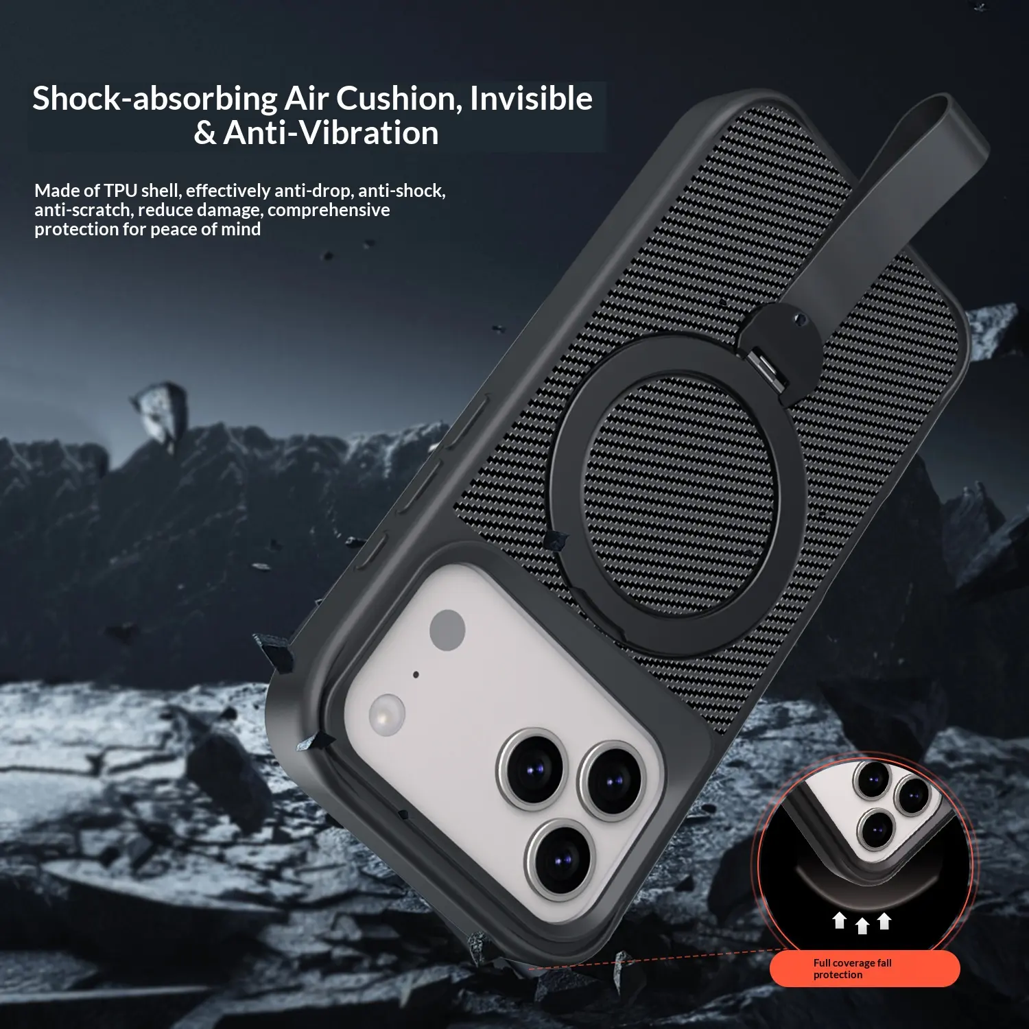 Shockproof TPU cushion case with drop protection.