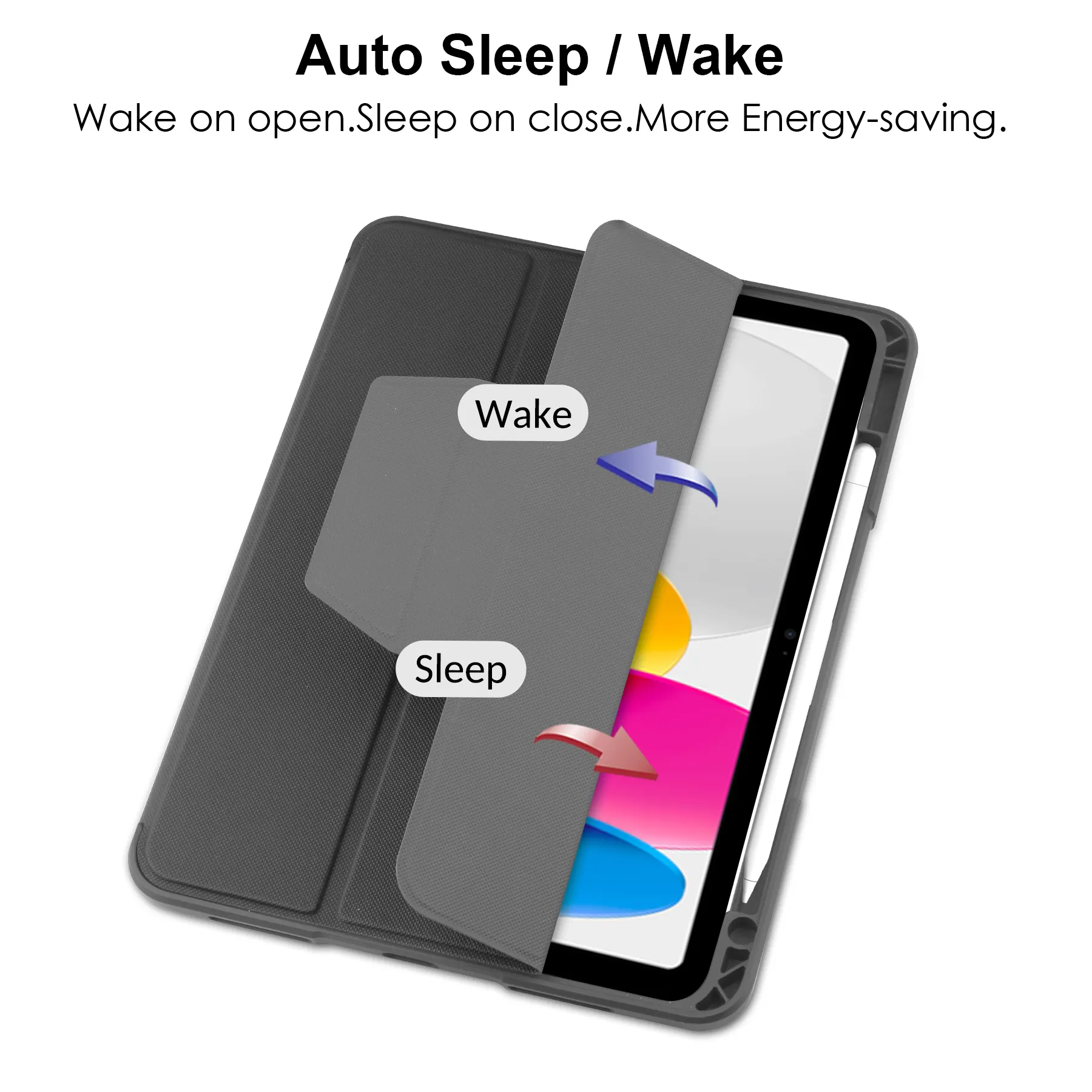Auto sleep and wake magnetic trifold cover for iPad.