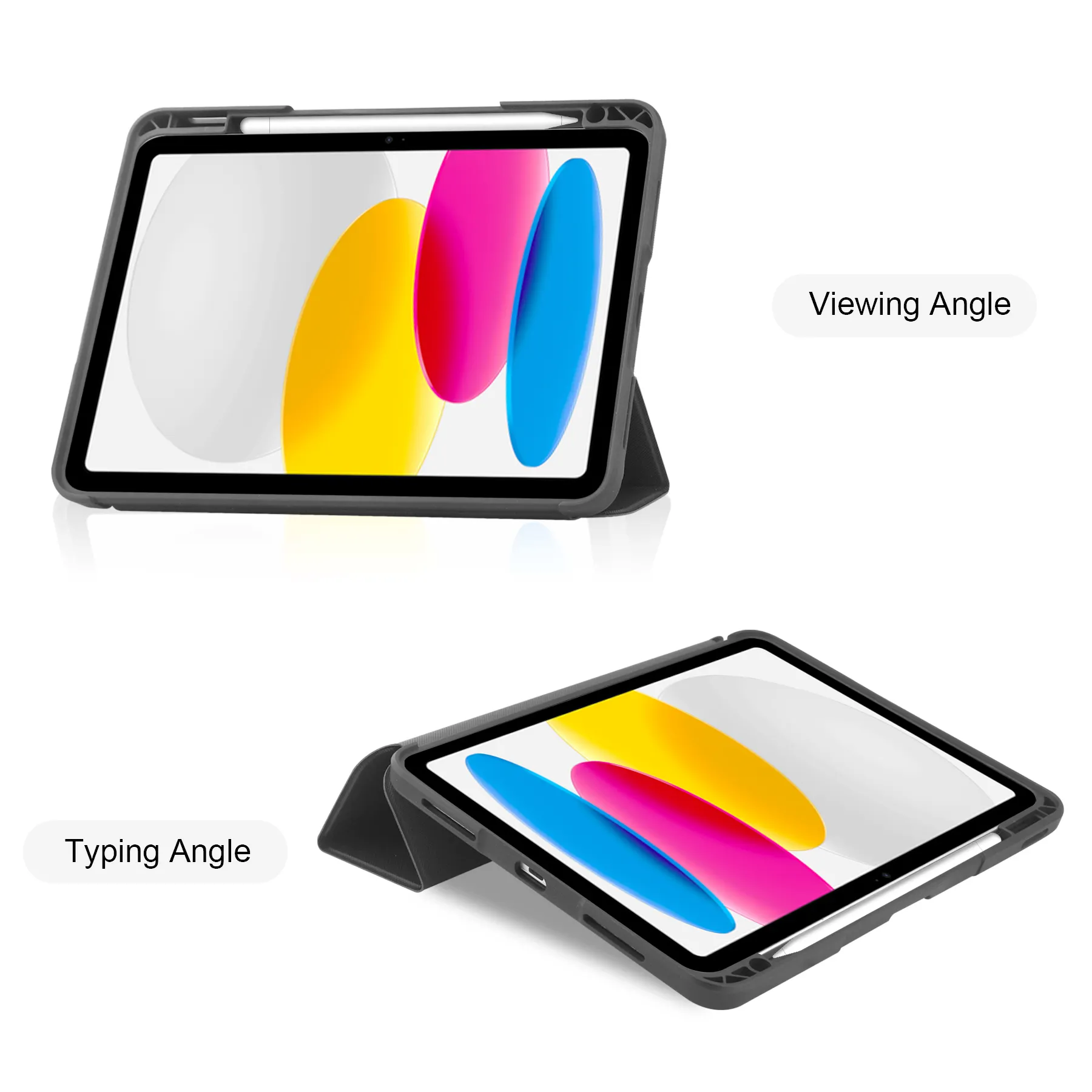 Dual standing angles for viewing and typing on iPad case.
