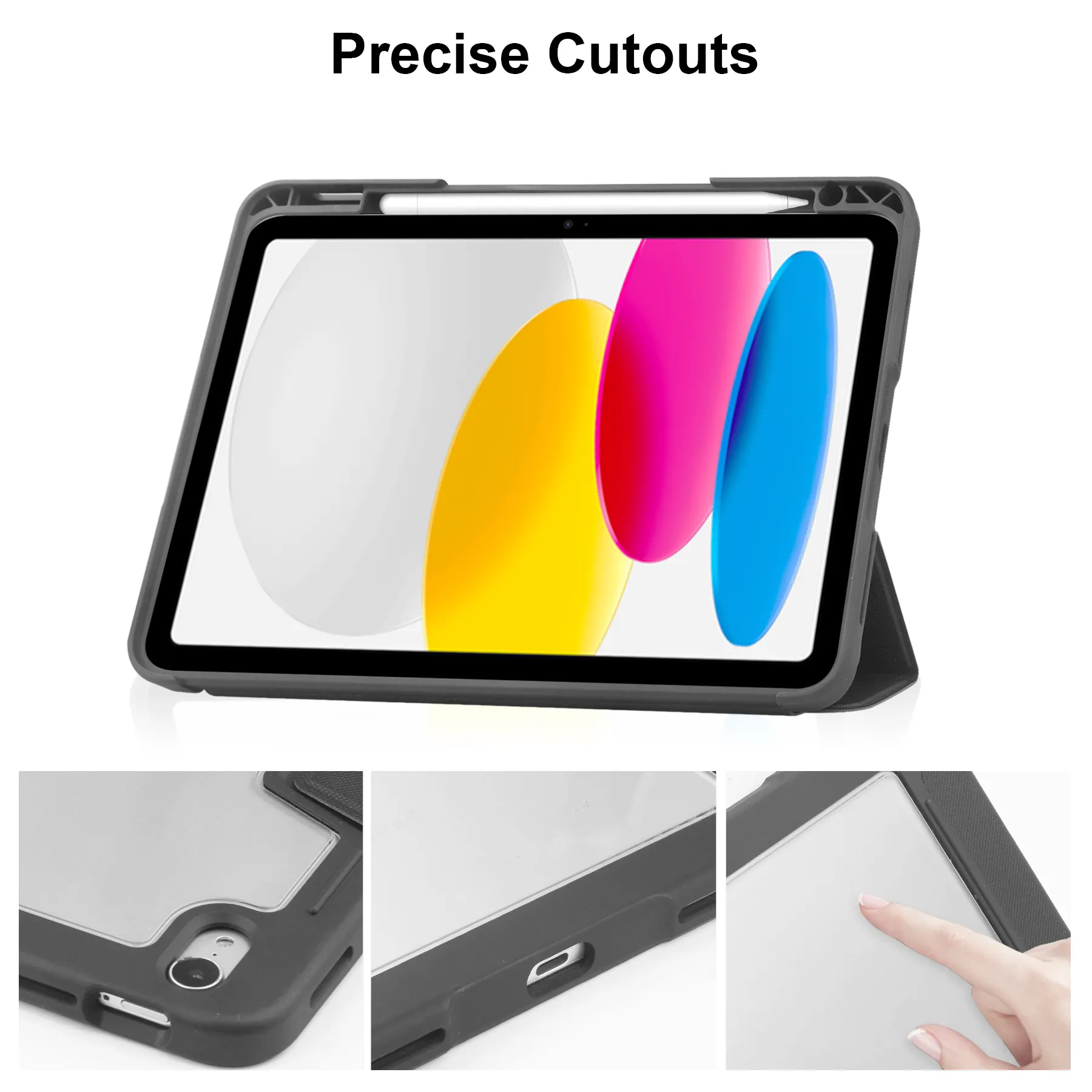 Precise port cutouts and clear PC back panel on iPad case.
