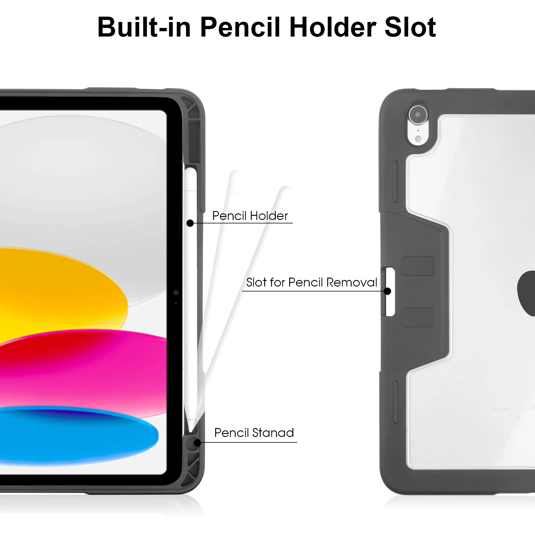 Built-in Apple Pencil holder slot and stand for iPad.