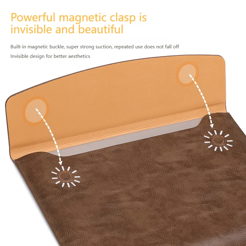Magnetic closure of brown leather MacBook Pro sleeve.