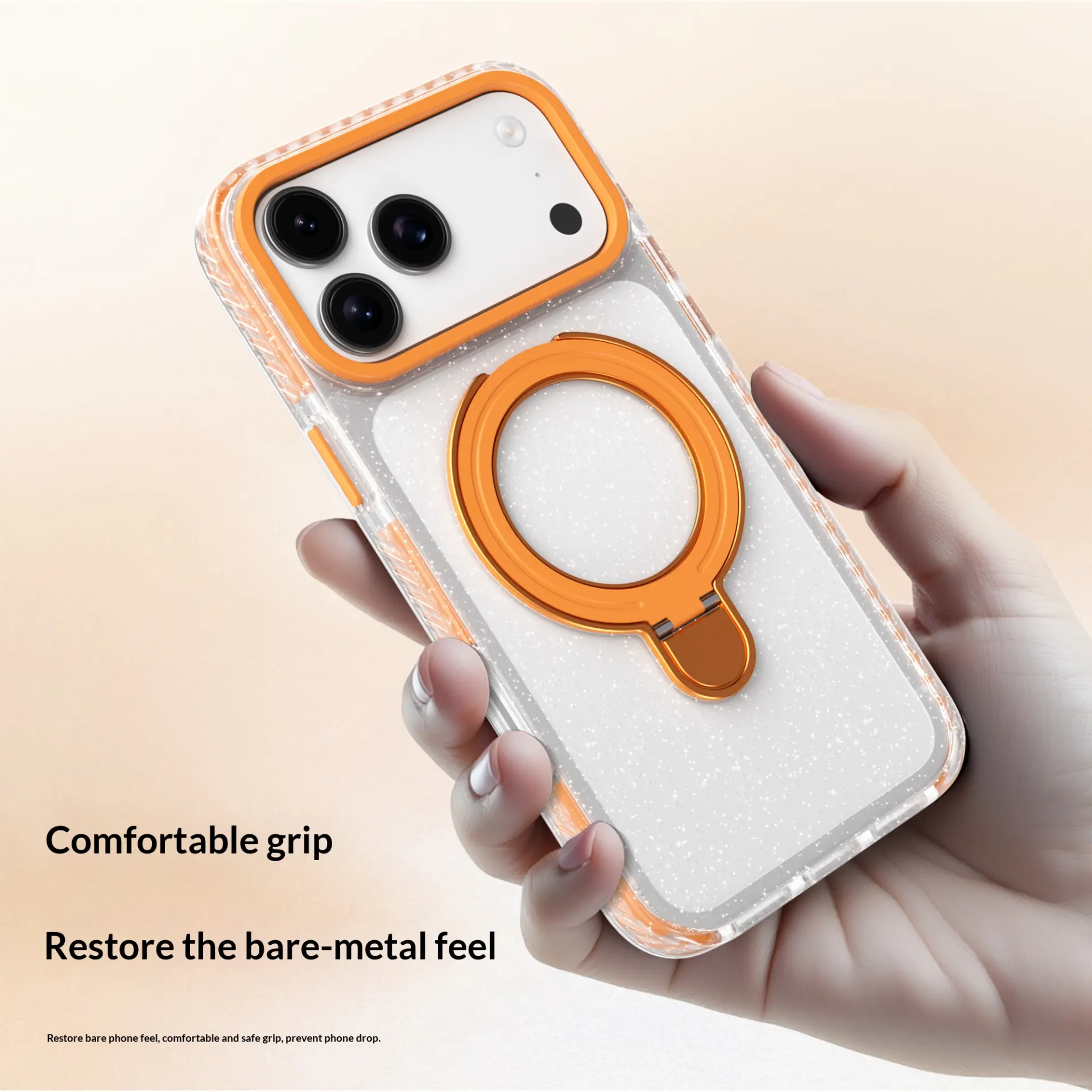 Comfortable slim grip of glitter clear phone case.