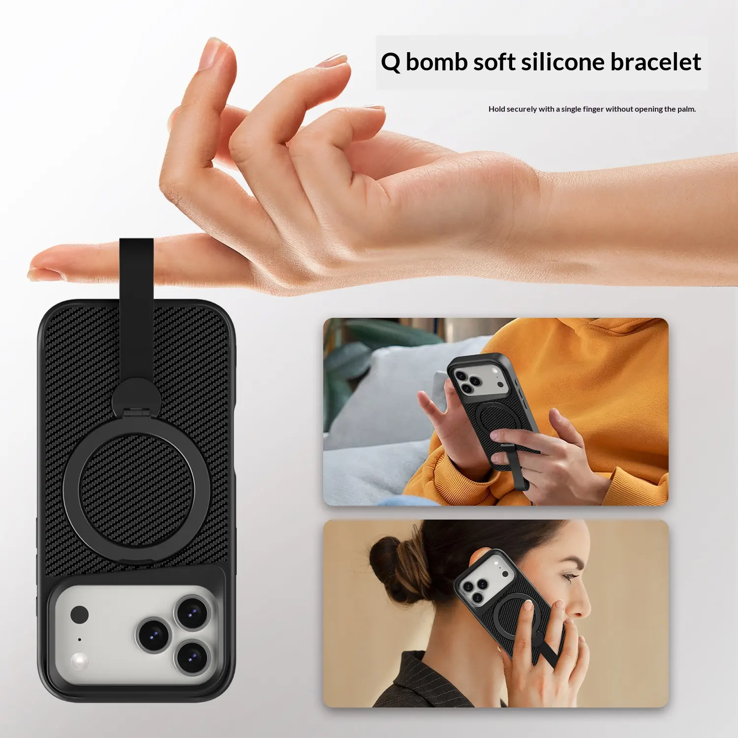 Magnetic case with soft silicone loop bracelet.