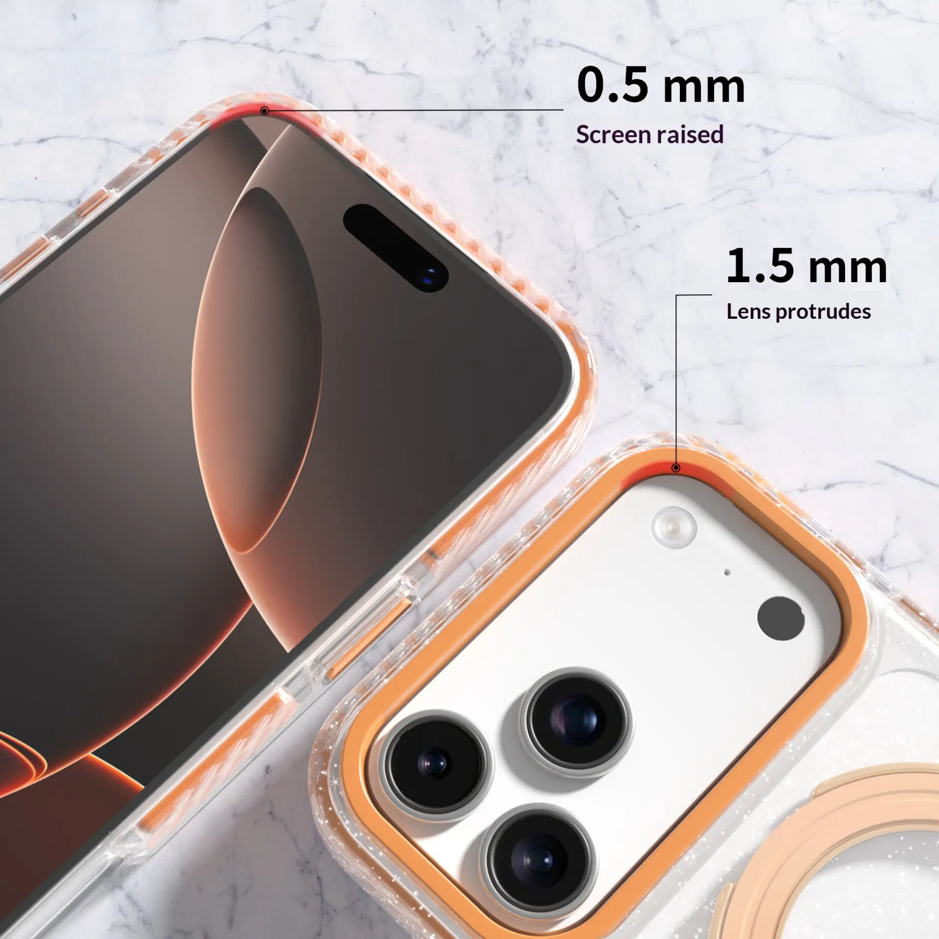 Raised bezels for camera and screen protection.