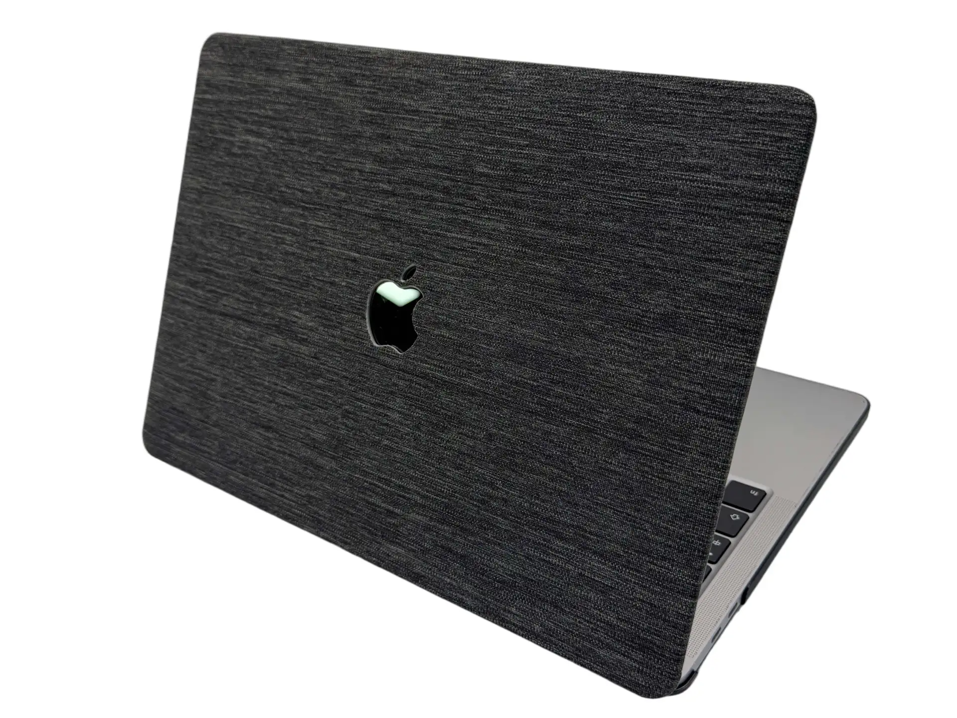 Textured gray PU leather PC hard case with logo cutout.