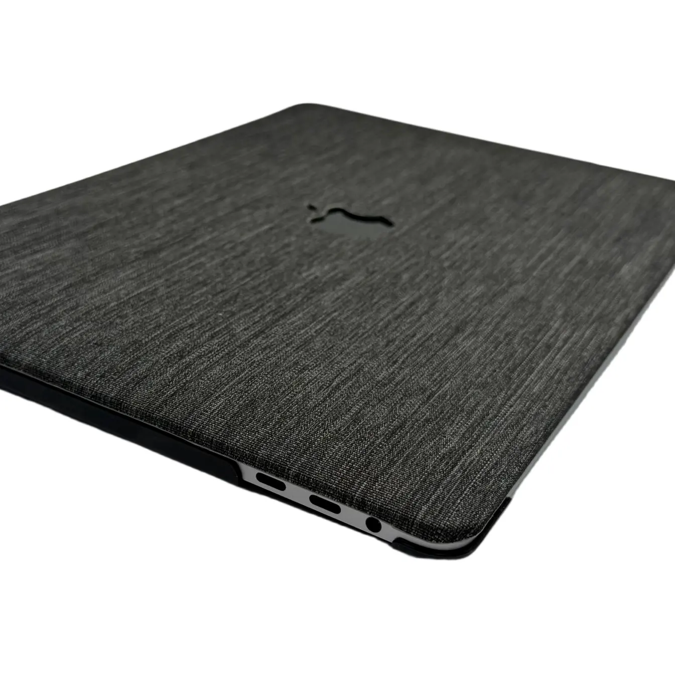 Precise USB-C port cutouts on textile laptop hard case.
