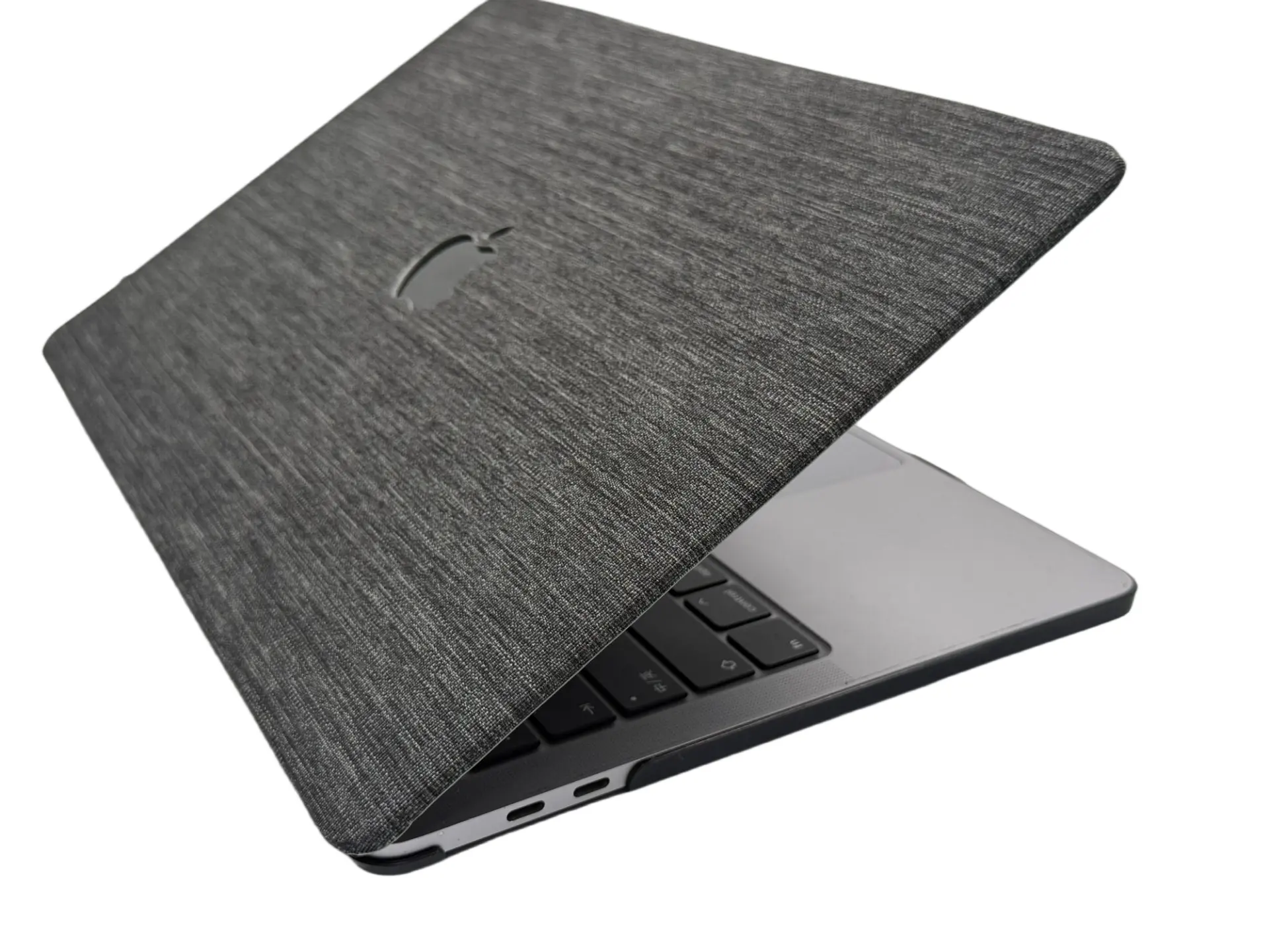 Dark gray textile laptop hard shell case open view.