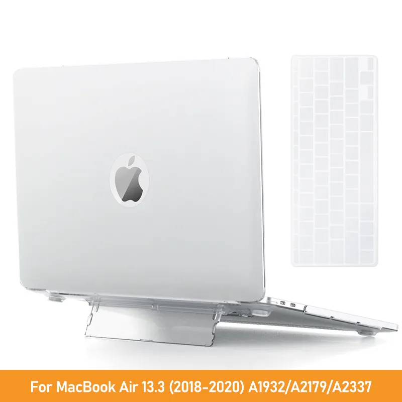 Clear white MacBook Air case with kickstand and keyboard.
