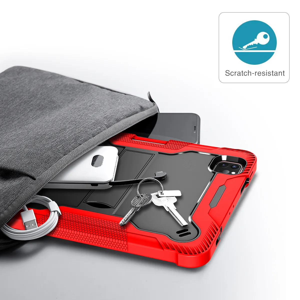 Scratch resistant rugged iPad case in storage bag.