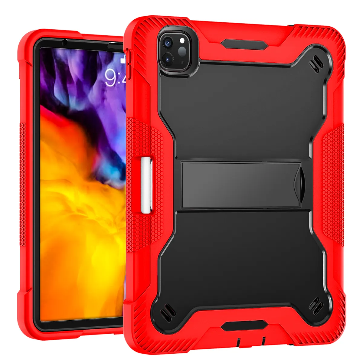Red and black heavy duty shockproof case for iPad.