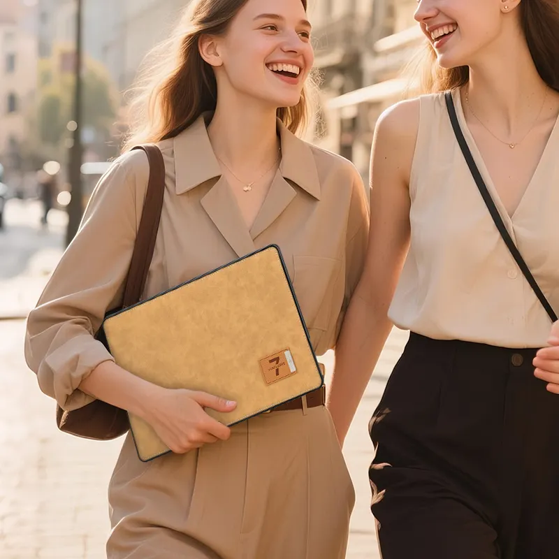 Woman carrying MacBook with brown leather case.