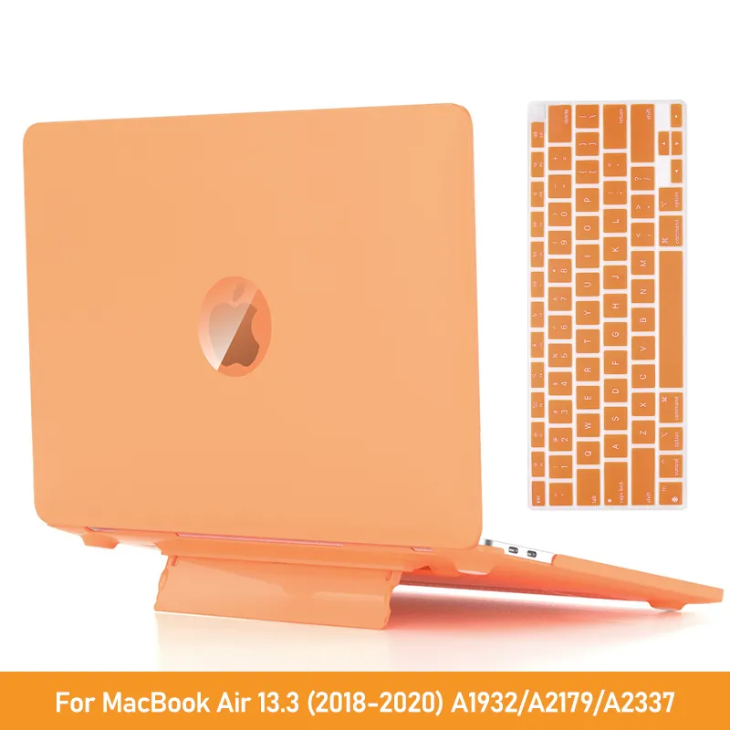 Orange MacBook Air case with kickstand and keyboard.