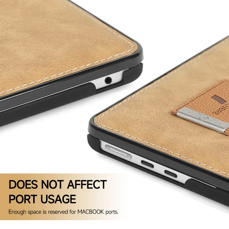 Brown leather MacBook case cutouts for easy port access.