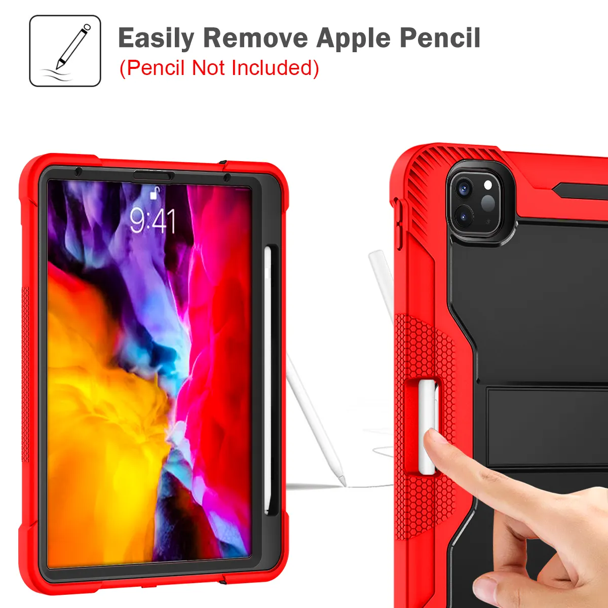 Rugged iPad case with built-in Apple Pencil holder.